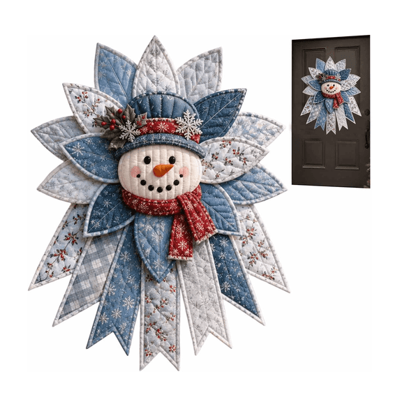 Festive Quilted Christmas Door Hanging DIY Snowman Sewing Kit – Complete Bow Craft Set with Fabric Batting Thread Templates, Patchwork Decor for Wall Door Display