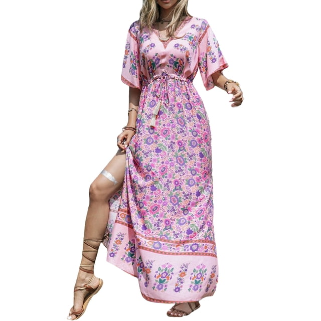 xiaxaixu Robe Longue Bohème pour Femmes, Robe d'Été à Manches Courtes Taille Haute Fluide Ligne A de Plage