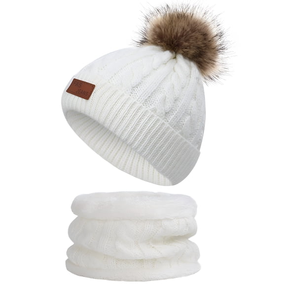 TELOLY Kids Winter Beanie Hat Scarf Set Warm Knit Thick Ski Cap with Pompom Scarf Set for 1-11 Years Old for Girls Boys Hat and Scarf Set for Girls (White, Free Size)