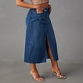thumbnail image 5 of LYMAYTER Women Washed Denim Skirt Stretch Maxi Skirt Front Split Frayed Raw Hem Casual Jean Skirt S-2XL, 5 of 9