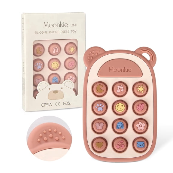 Moonkie Silicone Press Phone Teething Toy for Baby 3 Months | Soft BPA-Free Teether with Icon & Number Pop Bubbles | Ideal Gift for Baby Girls
