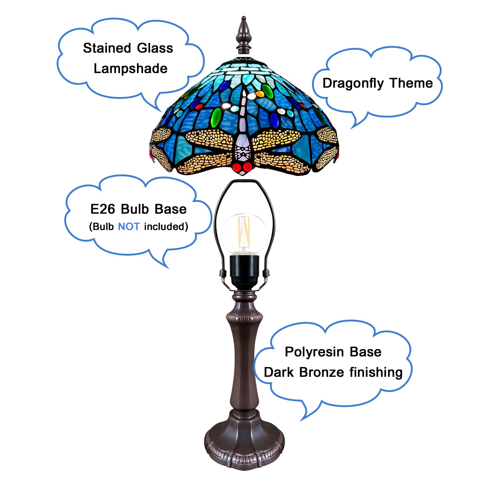 Vinplus Tiffany Lamp Table Lamp Blue Dragonfly Style Reading Desk Lamp 19" Tall - image 4 of 6