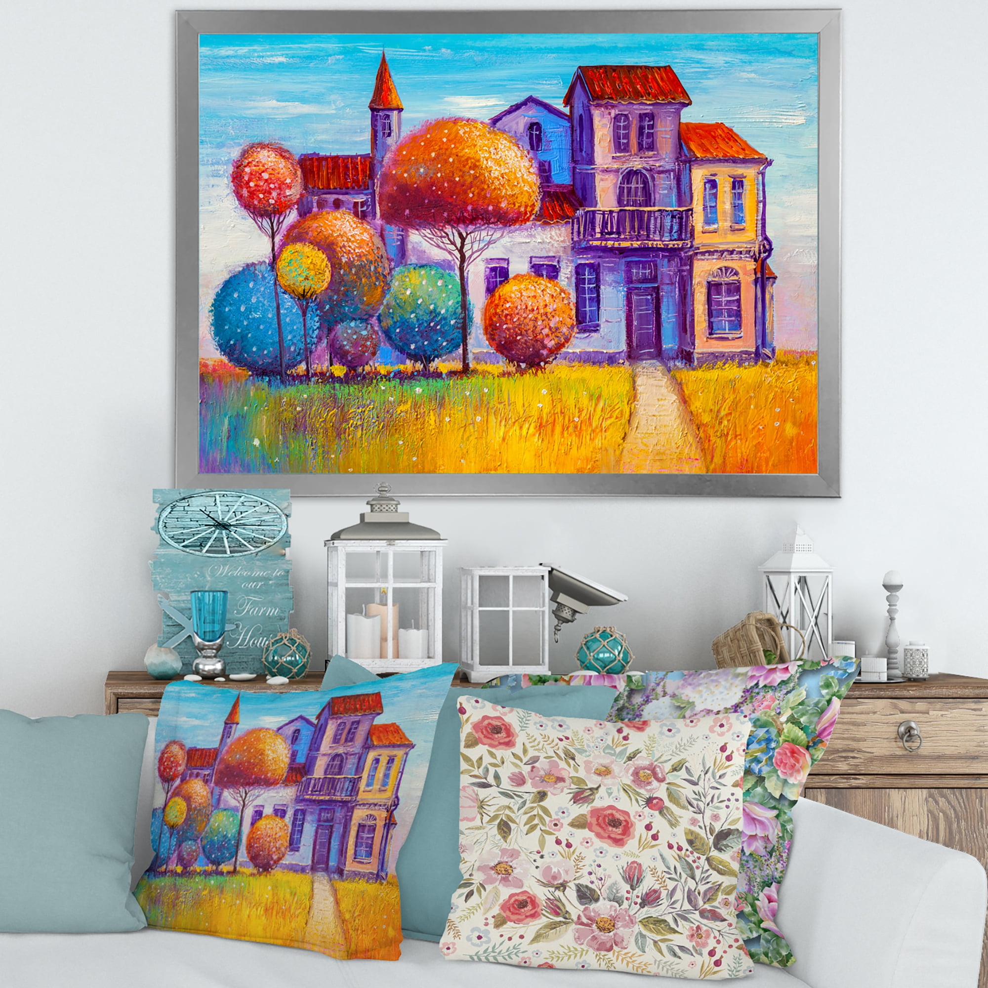 Designart 'Abstract Colorful House In The Fairy Tale VIllage' Traditional Framed Art Print