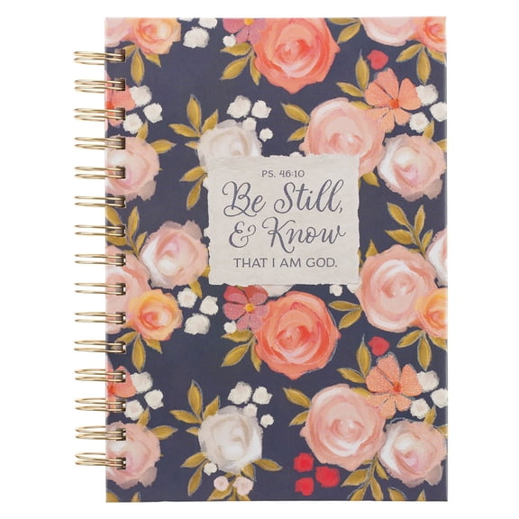 Christian Art Gifts Inspirational Journal, Be Still & Know That I Am God Wide Ruled Notebook, Ps. 46:10 Bible Verse, Navy Blue/Pink Florals, 192 Lined Pages w/scripture, (8.4” x 6.4” x 1”)