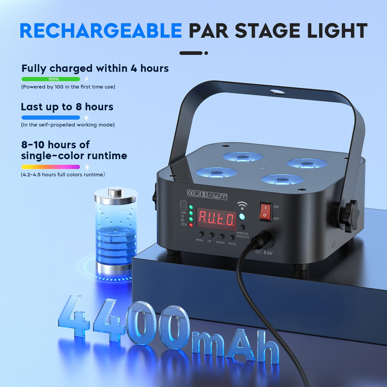 Battery Powered Rechargeable Par Light - 4*18W 6IN1 RGBWA+UV Wireless Par Light by Remote/APP/DMX512 Control Sound Activated LED Up Lights for Event Wedding Church Stage Party Indoor Uplighting
