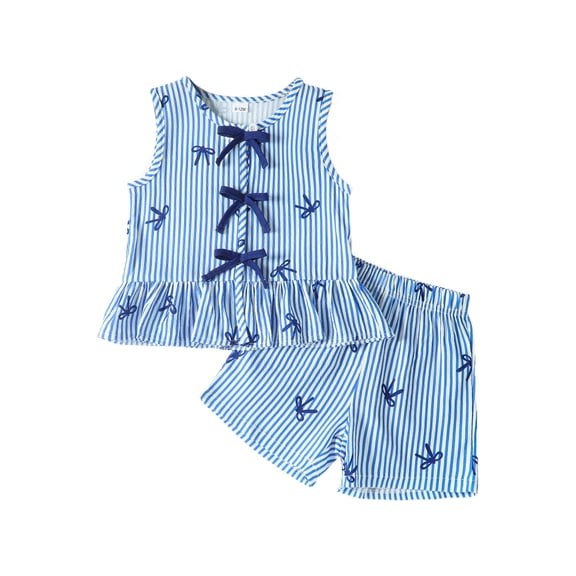 felwors Toddler Girl Clothes 9 12 18 24 Months 2T 3T Baby Summer Outfit Sleeveless Bow Stripes Print Ruffle Tops Shorts Set (6-9 Months,Blue)