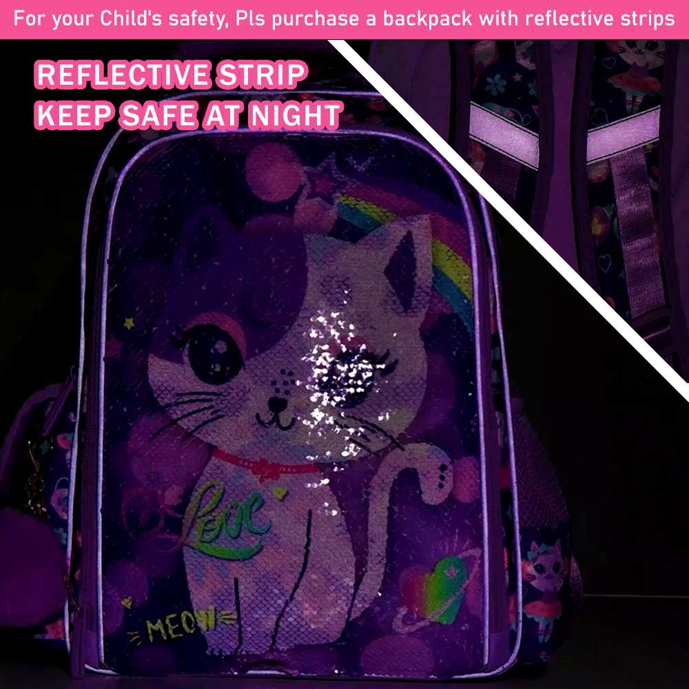 AGSDON 3PCS Cat Backpack for Girls, 16" Kids Sequin Bookbag with Lunch Box, Water Resistant School Bag for Elementary Preschool Toddler
