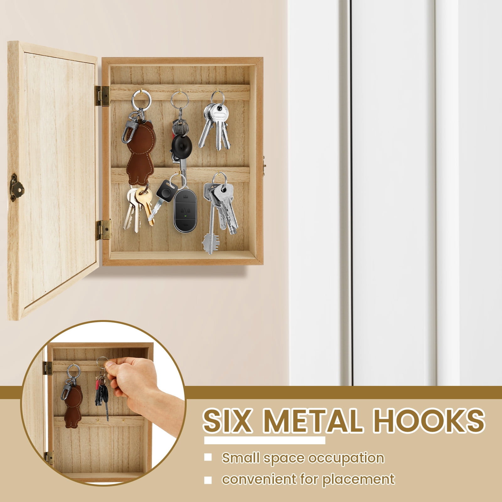 Sutowe Wooden Key Box Decorative Wall Mount Wooden Key Holder with 6 Hooks Rustic Access Card Hanger Organizer for Home Entryway Hallway