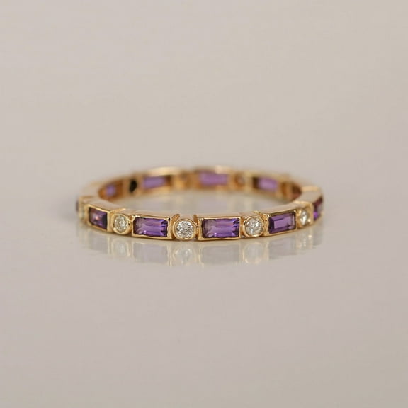 Baguette Amethyst & Diamond Full Eternity Band Ring, 18k Yellow Gold Plating Gemstone Alternate Ring, 925 Sterling Silver Stacking Band