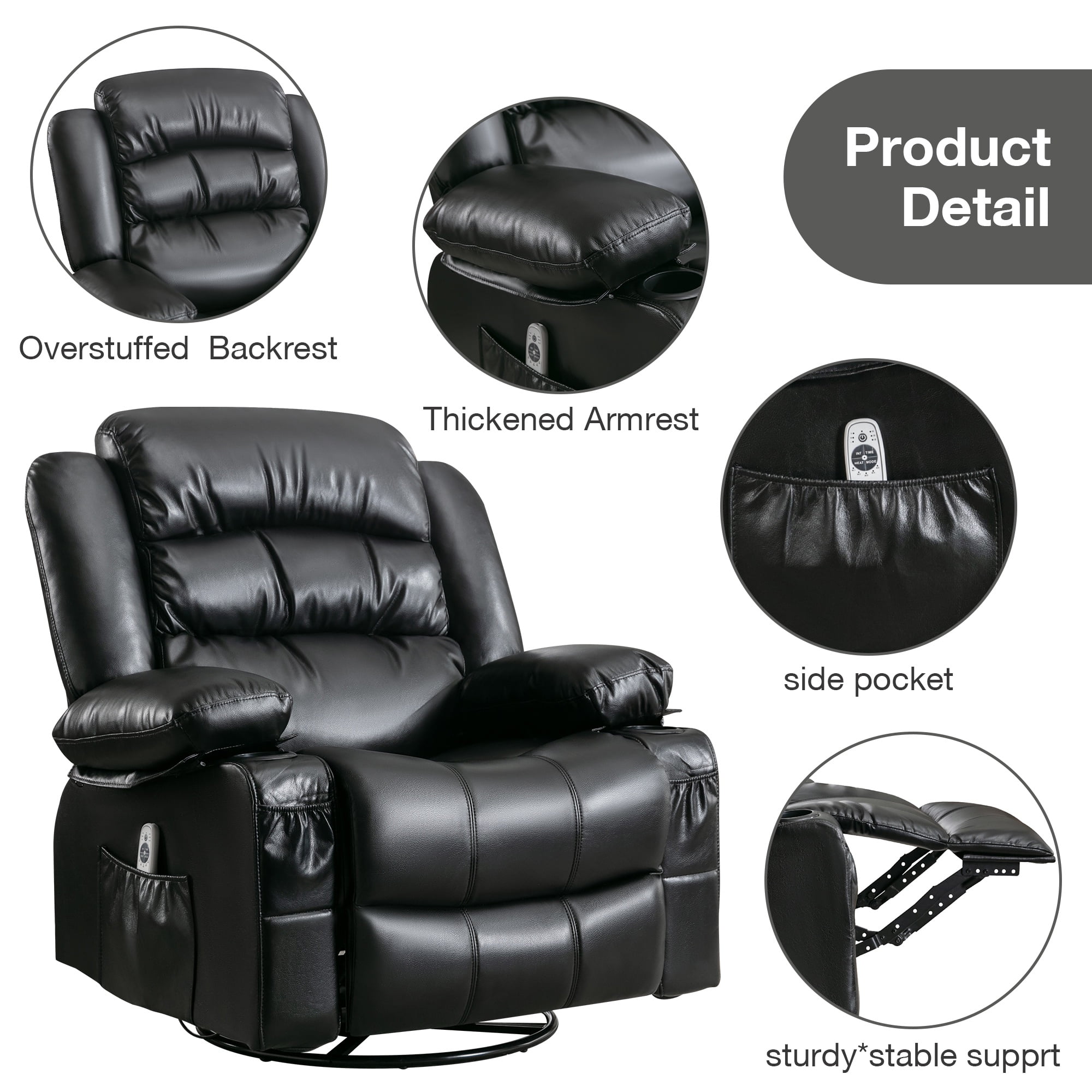 Manual Rocker Recliners, 360° Swivel Recliner Chair for Living Room, PU Leather Swivel Rocker Recliner with Massage and Heat, Home Theater Rocking Recliner with Cup Holder, Black