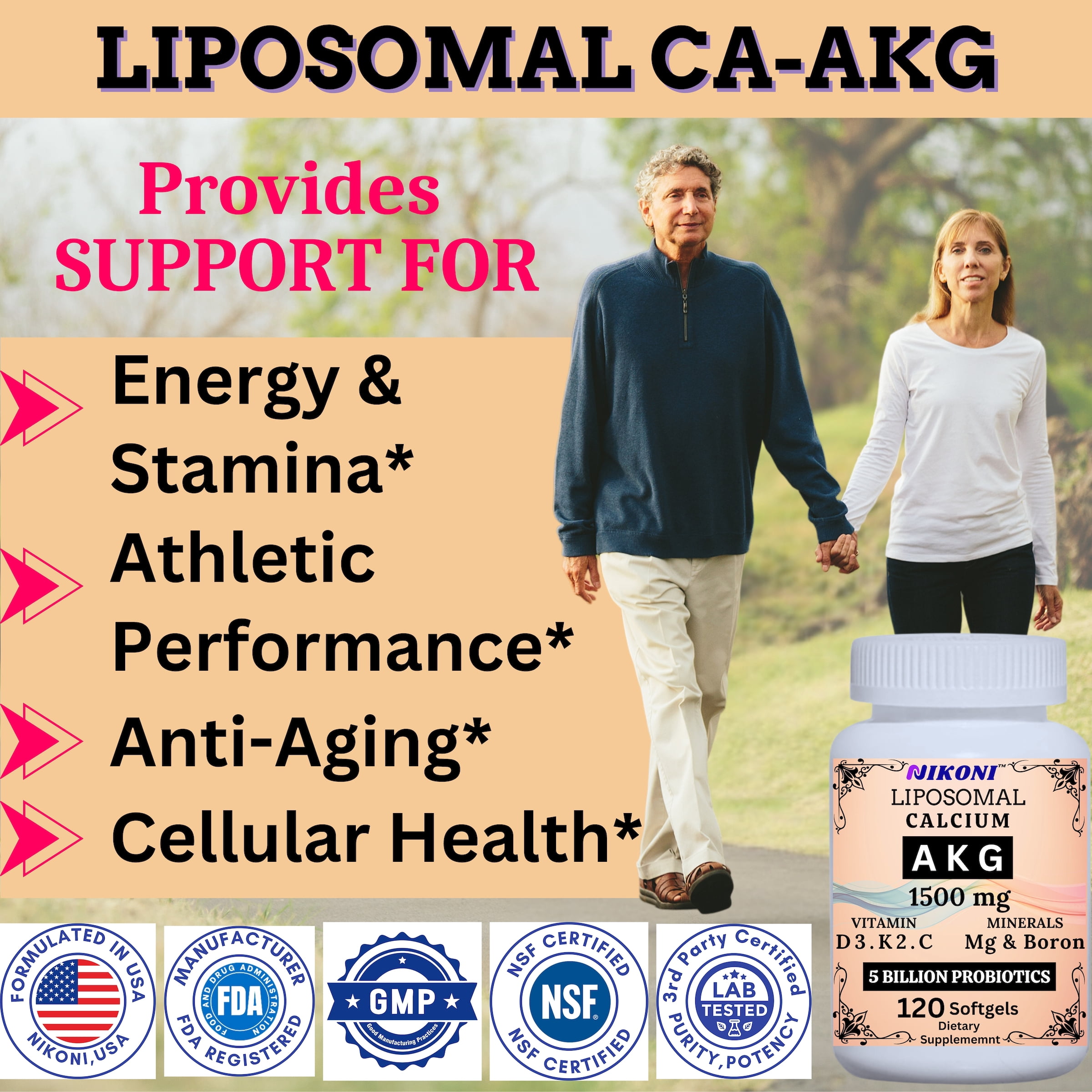 Nikoni Liposomal Calcium AKG Supplement with Vitamins D3, K2, Magnesium & Probiotics Supports Bone and Joint Health 480 Softgels