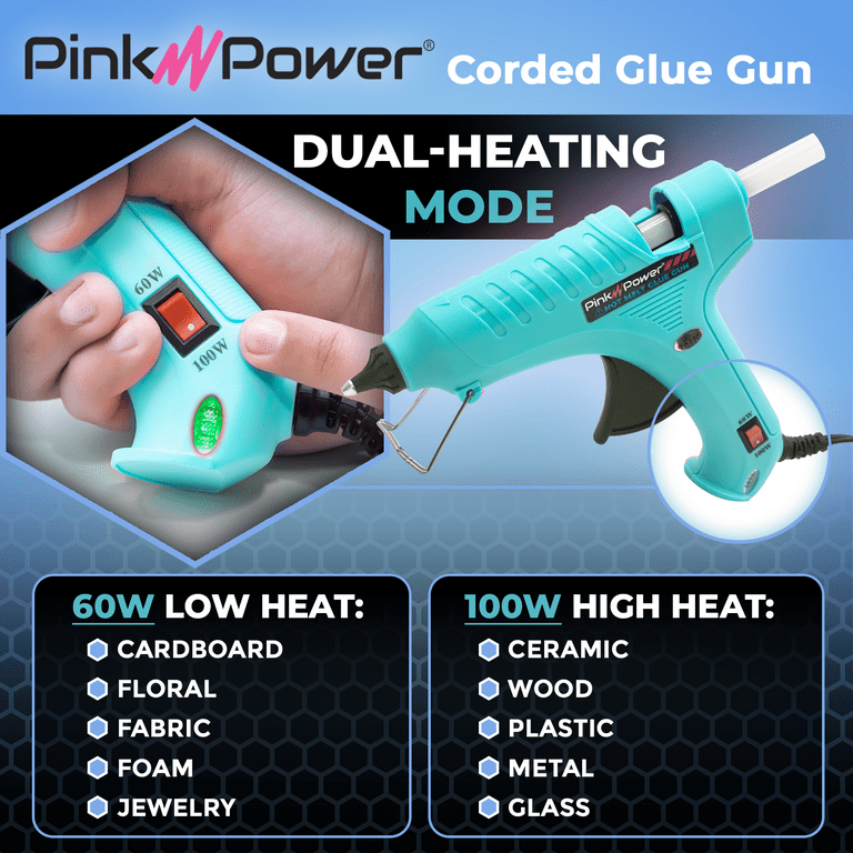 Pink Power Aqua Splash Corded Dual Temp Hot Glue Gun Kit with 20 Premium Full Size Glue Sticks for Crafting, Blue