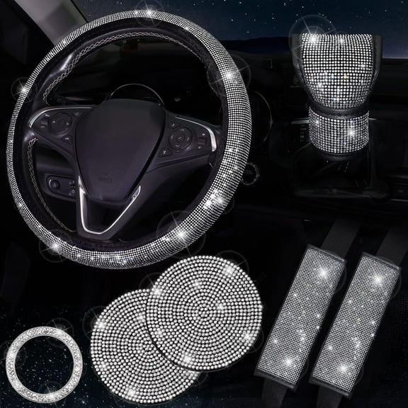 Crystal Rhinestone Car Accessories Set, Diamond Car Interior Kit, Steering Wheel Cover, Seat Belt Cover & Gear Shift Cover, Silver