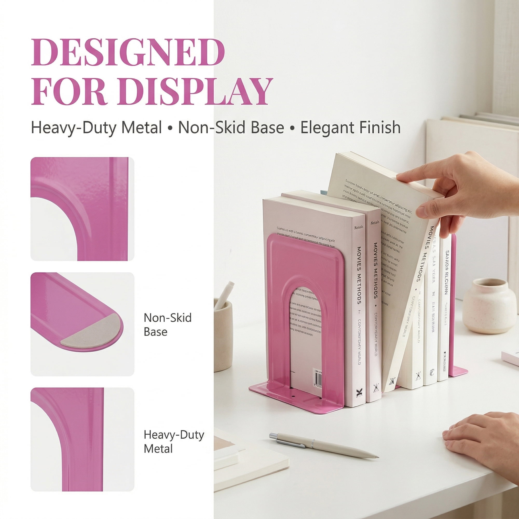 Unique Bargains Expandable Iron Bookends with Compartments Pink 5"L x 5.9"W x 7.5"H