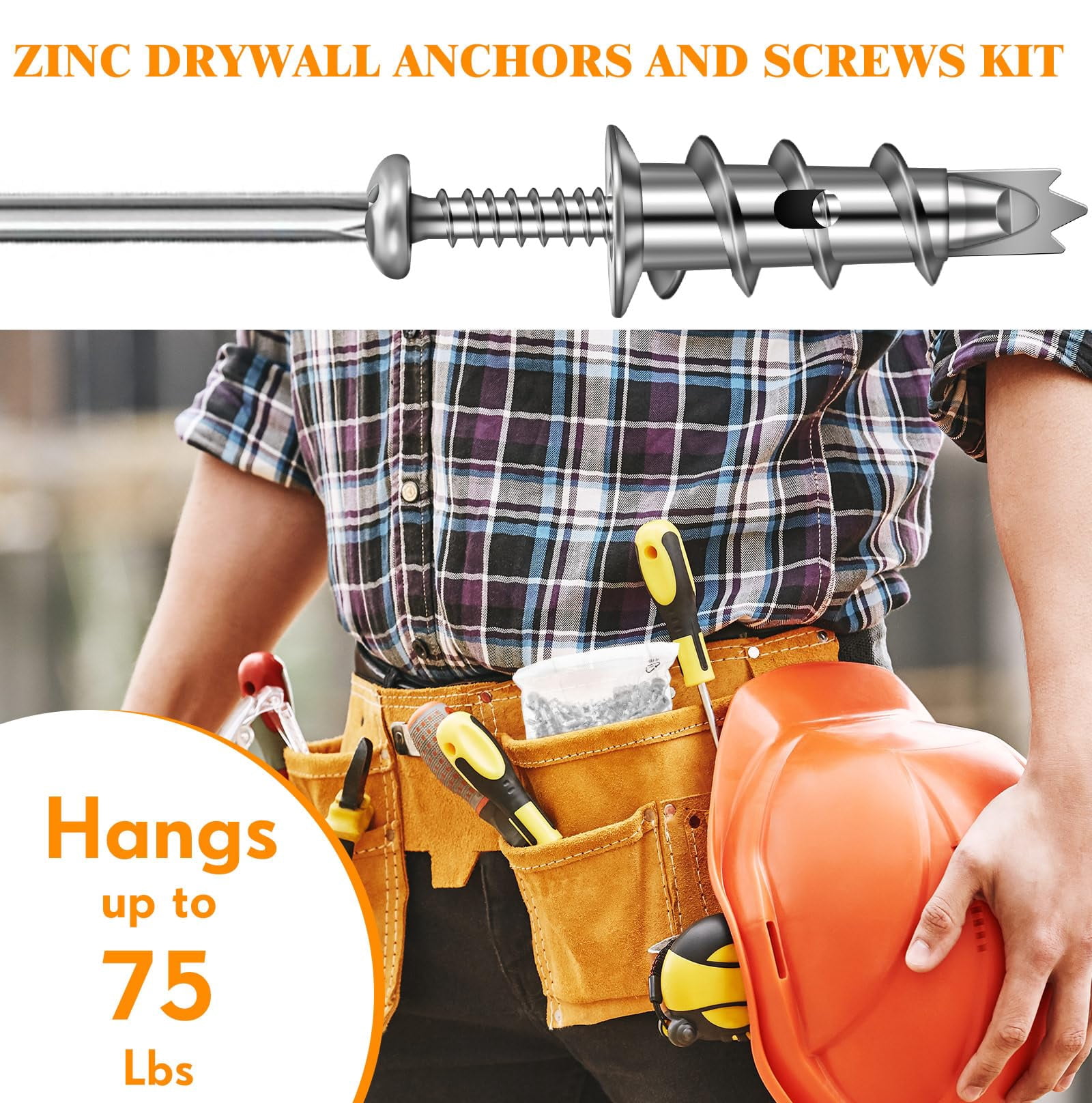 400 Pieces Zinc Self Drilling Drywall Anchors with Screws Kit, (200 Anchors+200 Screws) Bulk Heavy Duty Metal Wall Anchors and #8 x 1-1/4'' Screw