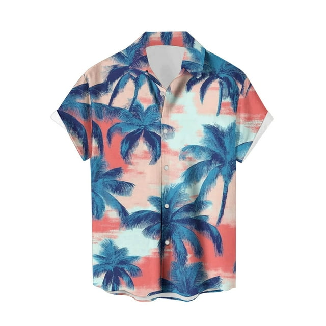 Mens Manga Corta Botón Abajo Camisas Casual Suelto Impreso Cardigan Girar Cuello Blusa, Transpirable para el Entrenamiento