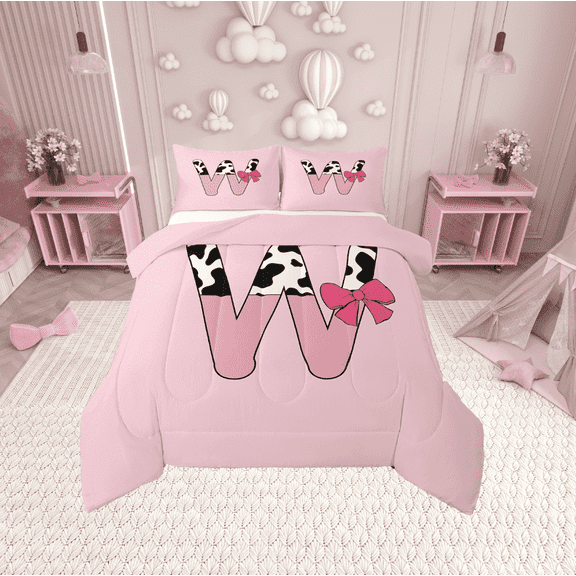 Erosebridal Monogrammed Letter Bedding Twin Comforter Set,Cattle Print Down Comforter,Breathable Reversible Bedding Sets Twin with Comforter,Pink Bow Tie Decoration,3pcs