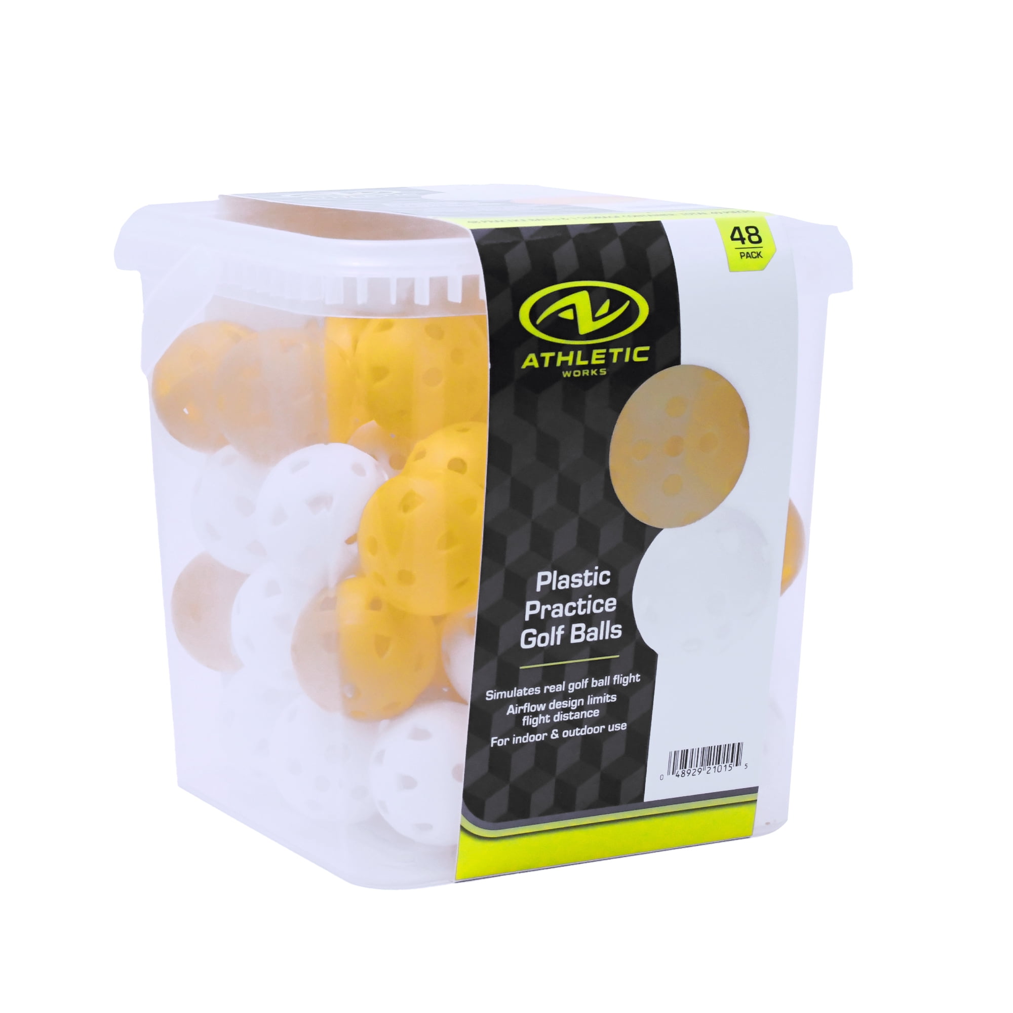 Athletic Works Limited Flight Practice Golf Balls – 48 Count White & Yellow – Durable Lightweight Training Balls with Reusable Bucket