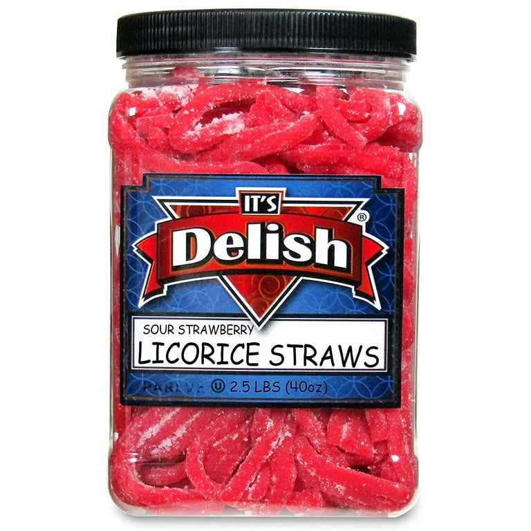 Sour Strawberry Licorice Straws by Its Delish, 2.5 lbs (40 oz) Jumbo Container Jar – Original Style Chewy Sour Strawberry Candy Ropes – Great Gifts