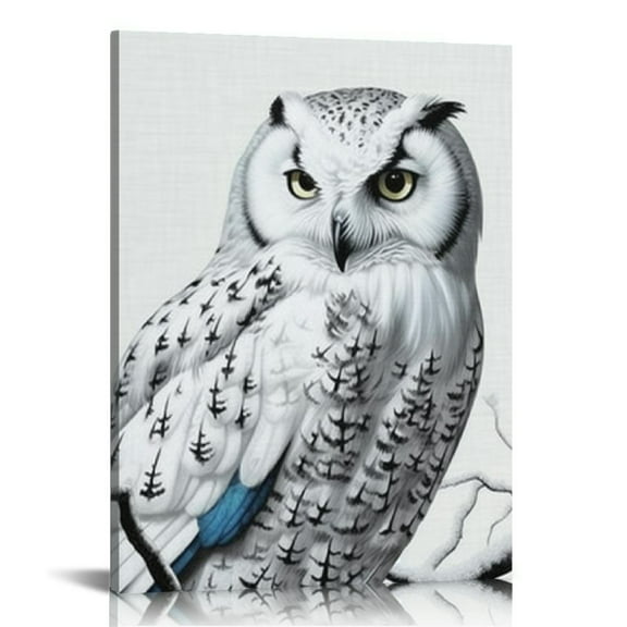 COMIO  Snow Owl White Feathers Peering Blue Eyes, Designed Wall Art,Gallery Wrapped Canvas