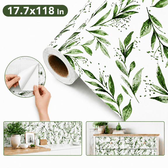 Green Leaf Peel and Stick Wallpaper - Self Adhesive Removable Vinyl Contact Paper, 17.7x118.1 Inch, Easy Install for Walls, Furniture, Cabinets