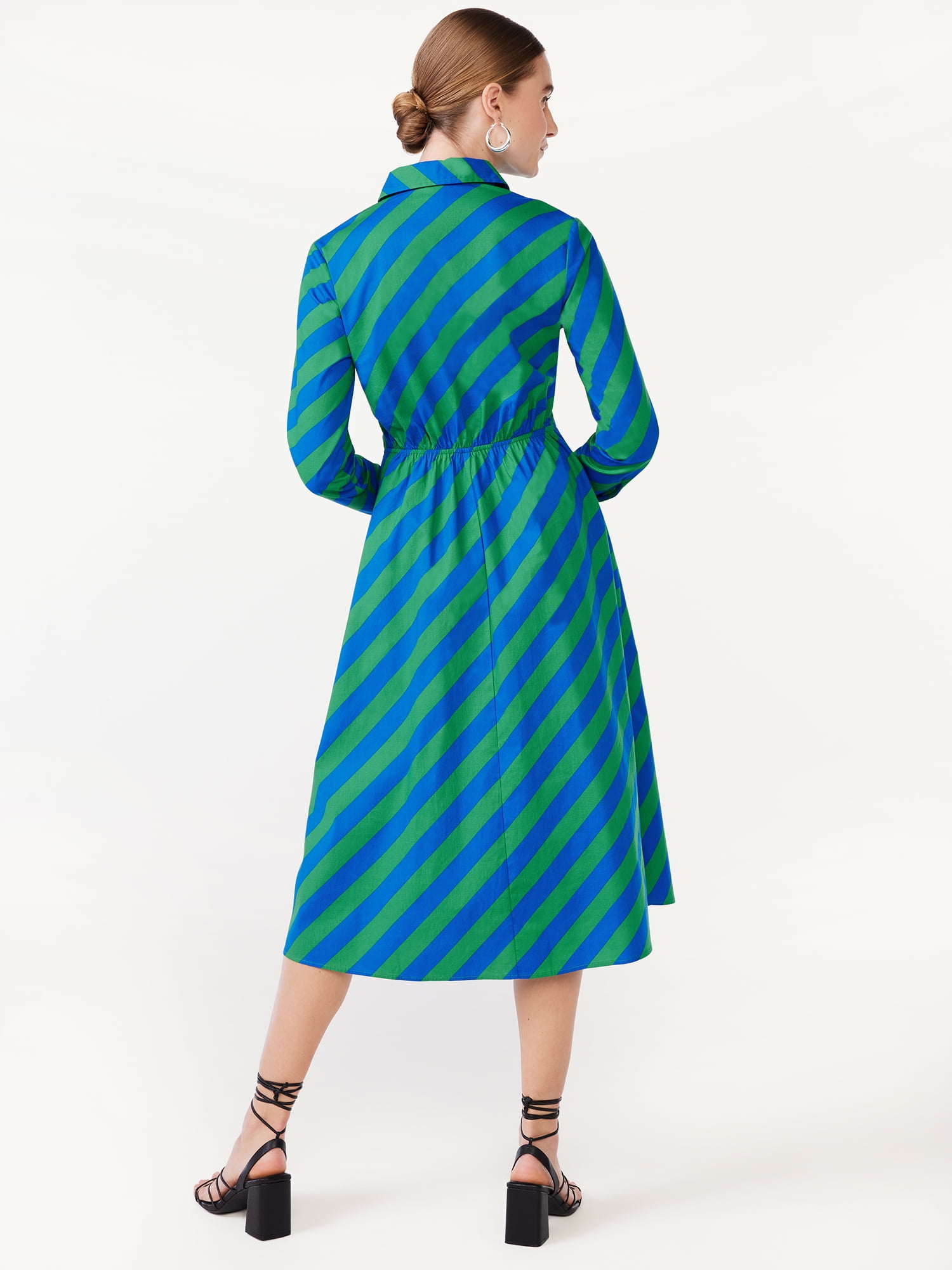Scoop Women's Side Knot Poplin Midi Shirt Dress with Long Sleeves, Sizes XS-XXL