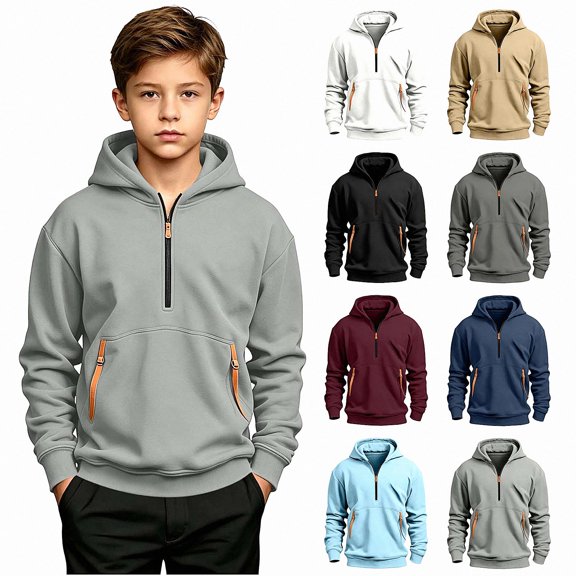 DJDLJWCJ Hoodies for Boys Fleece Lined Quarter Zipper Hooded Sweatshirt for Boys Winter Warm Pullover Hoodie Gray Size 5T