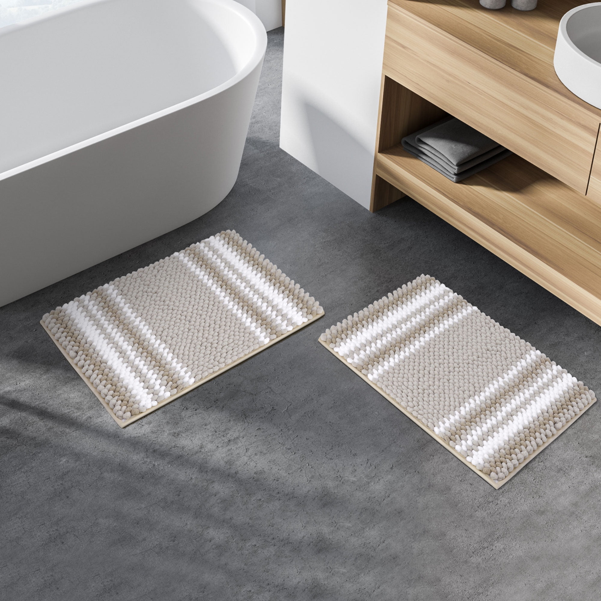 REGALWOVEN Chenille Bathroom Rug Set of 2 Extra Soft Fluffy, Striped Bath Mat Shaggy Rugs Absorbent Bone 17"x24"