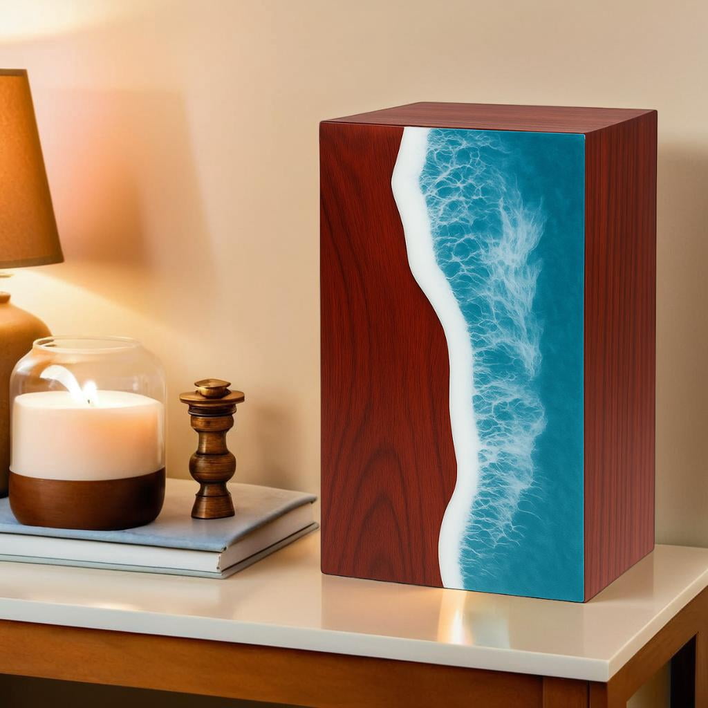 Wooden Urns for Human Ashes Adult Cremation Urns for Human Ashes Ocean Wave Design Wooden Urn Box Memorial Cremation Urn Box for Human & Pet Ashes