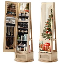 Joaxswe 63" Rattan 360° Swivel Jewelry Armoire Full Length Mirror Cabinet Free Standing Organizer with a Drawer & 3 Shelves for Living Room, Natural Oak