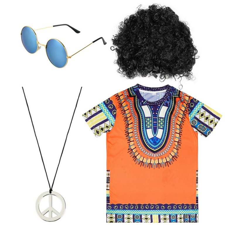4Pcs 60s 70s Retro Men's Outfits Kit, including Hippie Shirt, Black Afro  Wig, Sunglasses, Peace Sign Necklace, Vintage Dressing Accessories, Fancy  Dress Party Supplies - Walmart.com