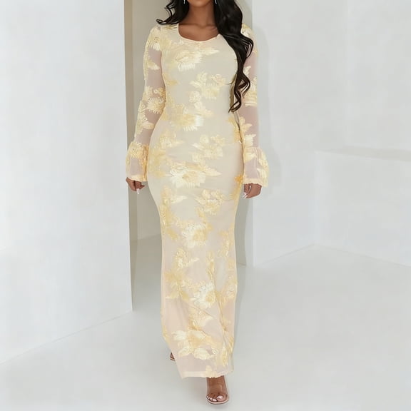 YueHuiYing Women's Solid Color Elegant Embroidered Round Neck Bell Sleeve Knit Fishtail Dress Long Sleeve Round Neck Dress