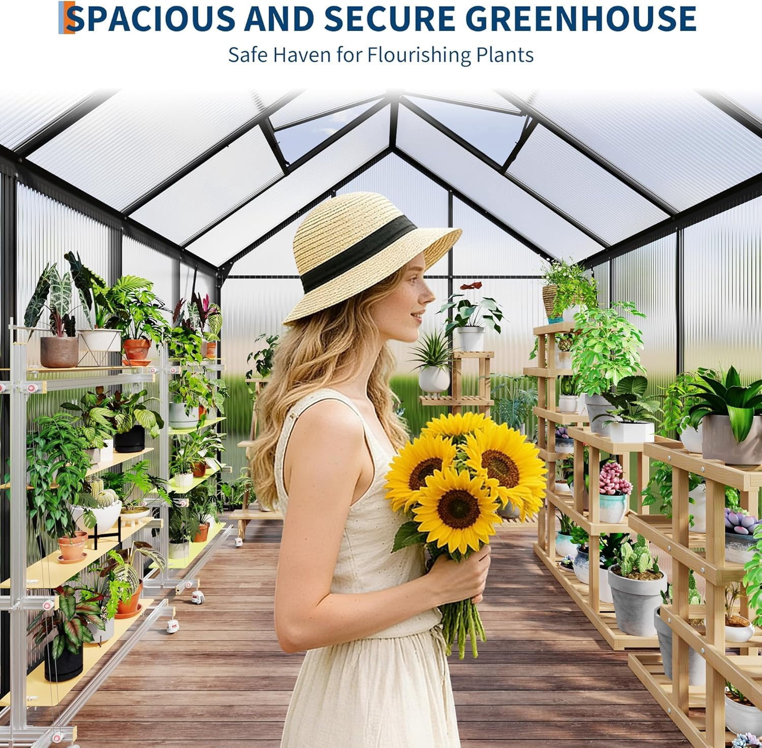 All-Season Polycarbonate Walk-In Greenhouse 6x8 FT – Durable Aluminum Frame, Sliding Door, Adjustable Roof Vent, Rain Gutter – Ideal for Outdoor Garden, Patio, Backyard – 8-Black