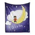 thumbnail image 1 of Gender Reveal Soft Flannel Fleece Blanket, Boy Sitting on the Moon Cloud Sky Childhood Greeting Concept Print, Cozy Plush for Indoor and Outdoor Use, 50" x 70", Indigo Yellow White, by Ambesonne, 1 of 6