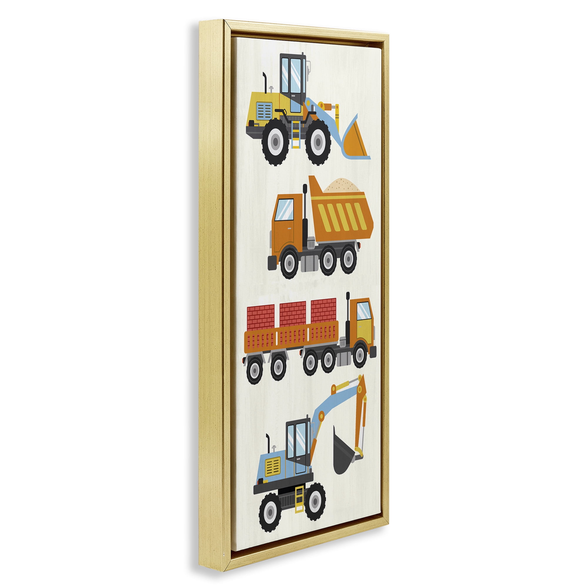 Stupell Industries Playful Construction Vehicles Transportation Painting Gold Floater Framed Canvas Art Print Wall Art, 11 x 25
