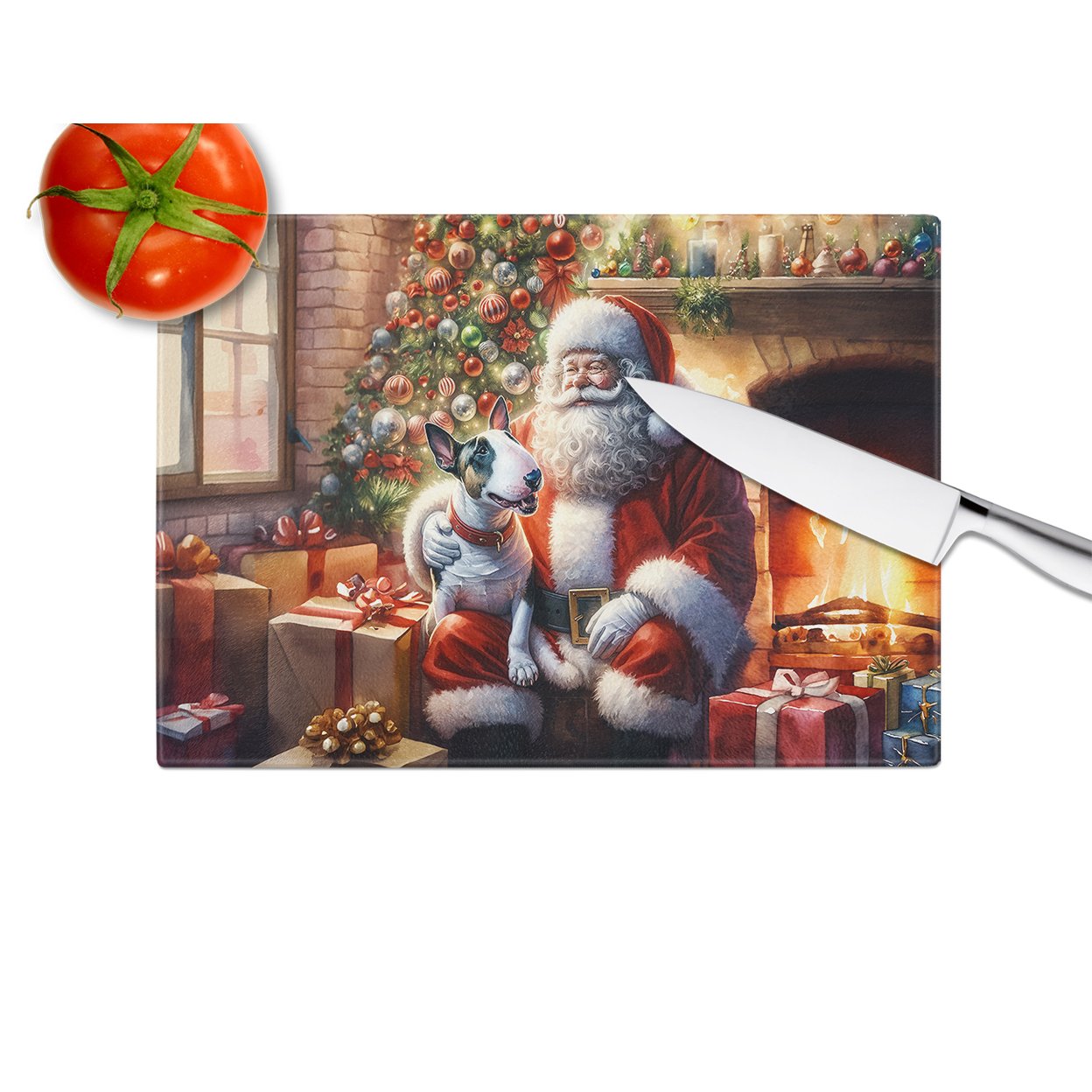 English Bull Terrier and Santa Claus Glass Cutting Board 12 in x 15 in
