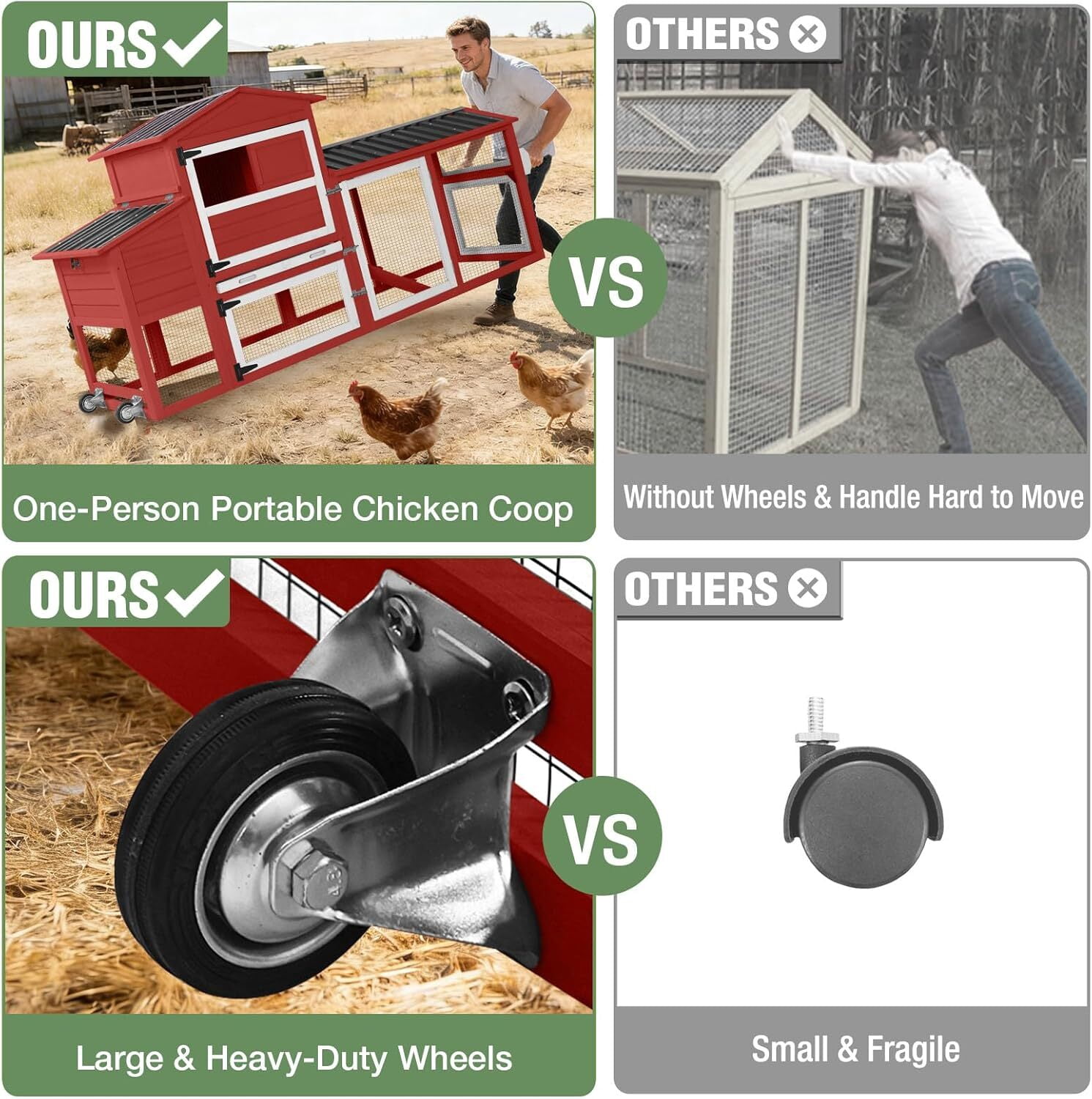 Aivituvin Mobile Chicken Coop with Wheels for 4-6 Chickens, Large Outdoor Hen House with Run, Weatherproof Roof, Sectionable Nesting Box, Pull-Out Tray, 83.3" L x 26" W x 42" H - Red