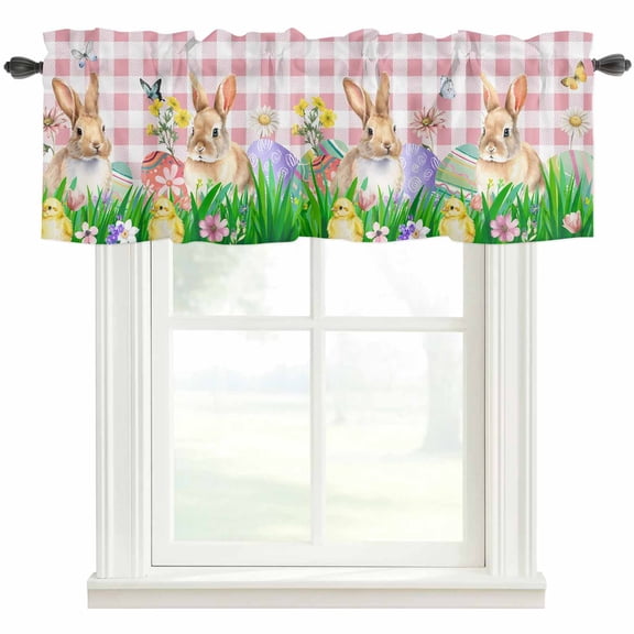 Easter Bunny Rod Pocket Curtain Valance, Spring Easter Eggs Floral Pink Plaid Farmhouse Window Valance for Living Room, Bedroom, Kitchen 42"W x 12"L