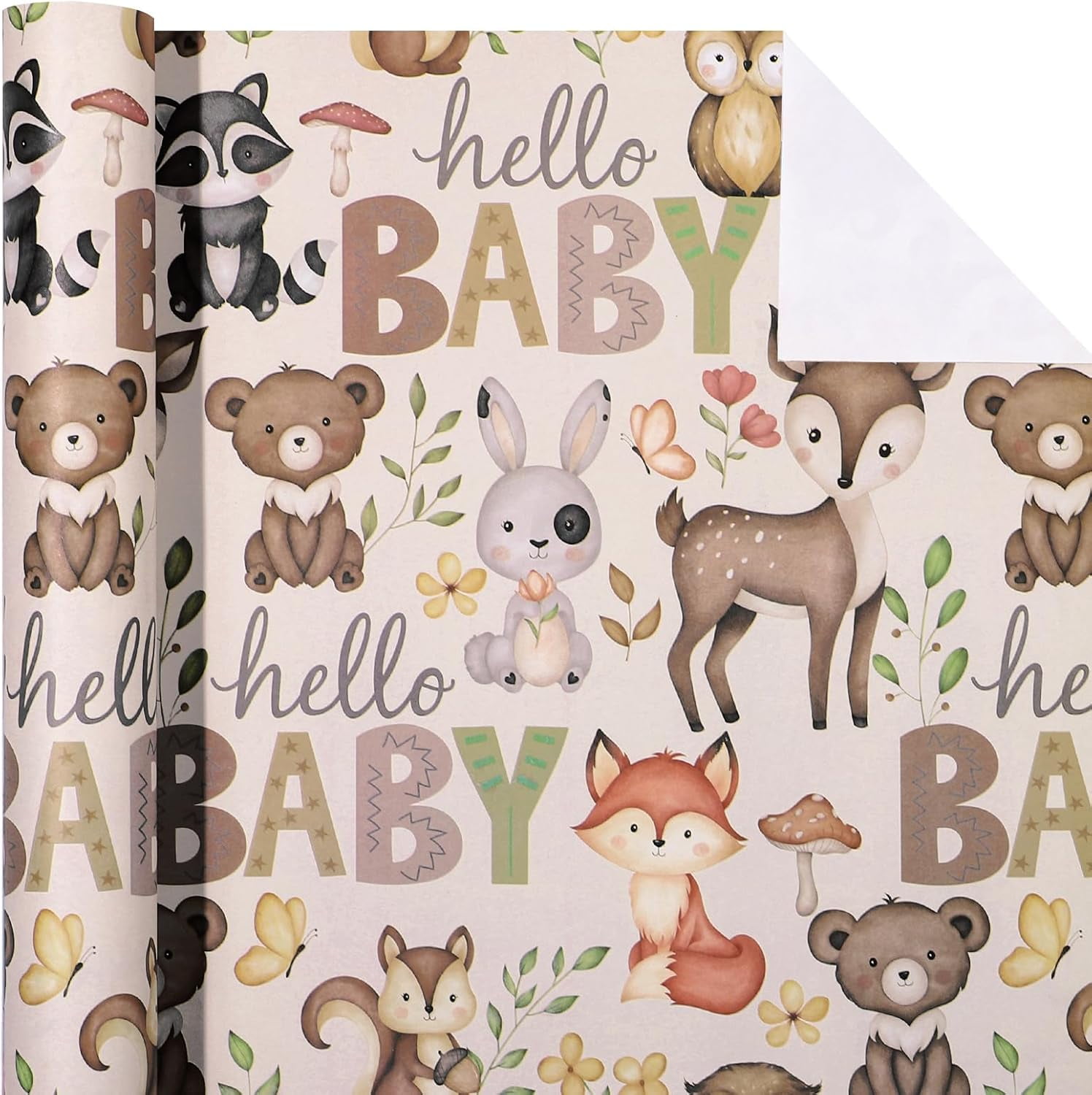 Kraft Baby Shower Wrapping Paper Roll - Mini Roll - 17 Inch x 16.5 Feet - Little Woodland Animal Wrapping Paper for Baby Shower, Kids Girls Boys Birthday