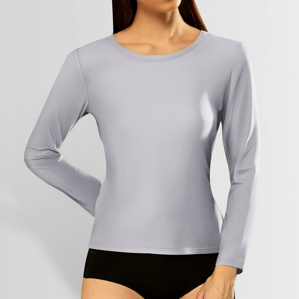 MHFRRA Camiseta Informal de Manga Larga Acanalada con Cuello Redondo y Corte Entallado para Mujer Gris Claro