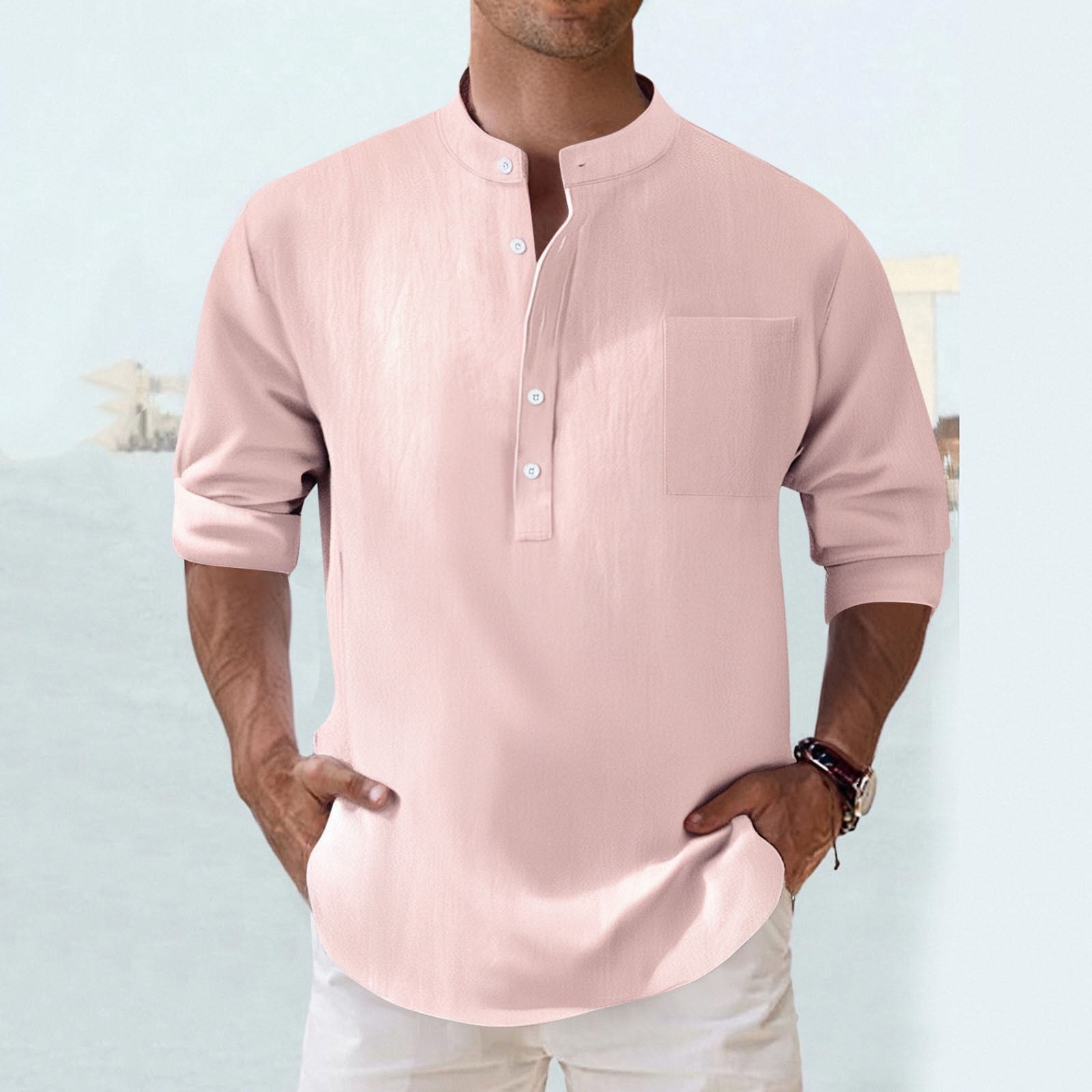 Bxsruta Shirts for Men, Men's Linen Stand Collar Long Sleeve Shirt