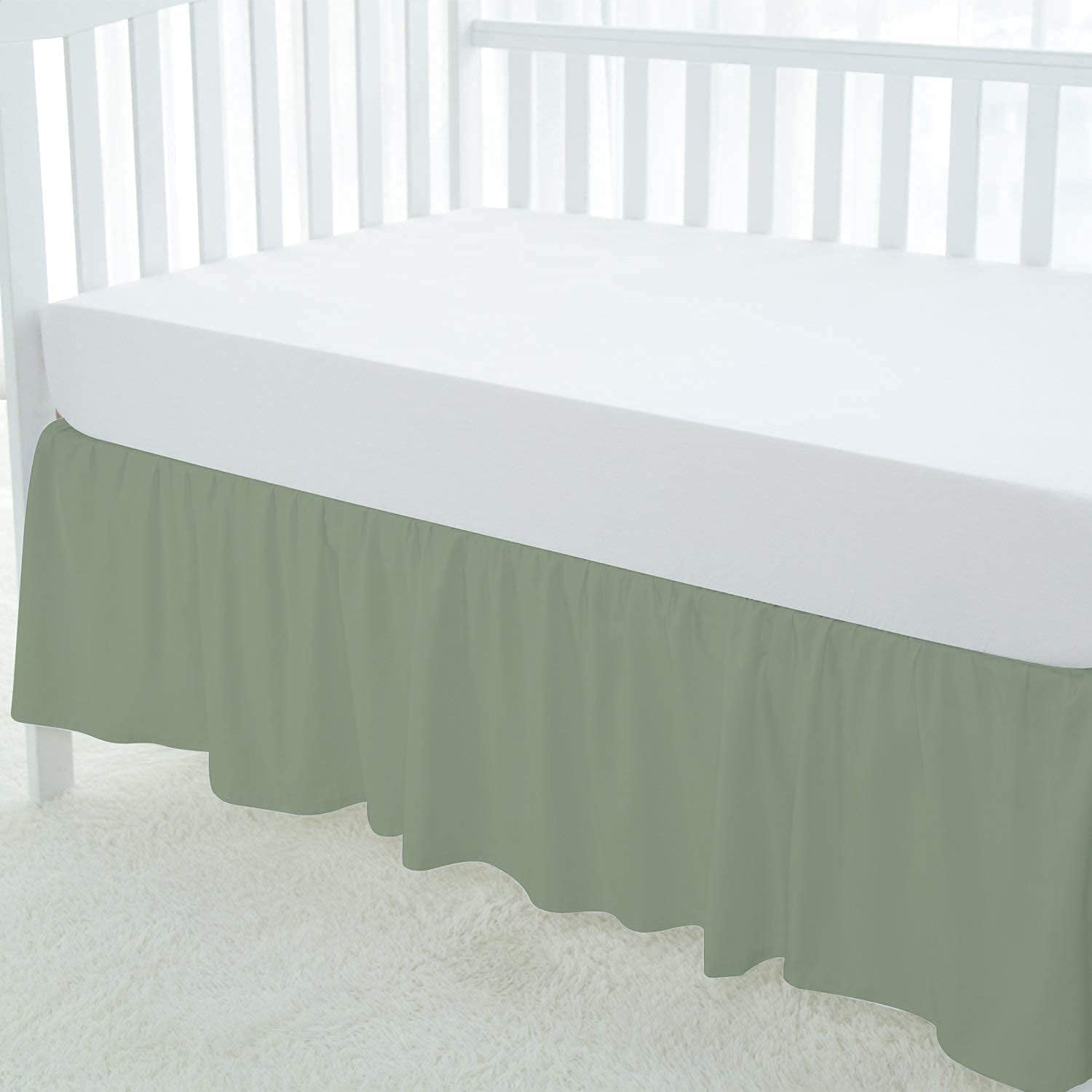 1 Piece Luxury Ruffle Crib Bed Skirt Dust Ruffle 100% Microfiber Nursery Crib Toddler Bedding Skirt for Baby Boys or Girls, 14" Drop - Sage Solid