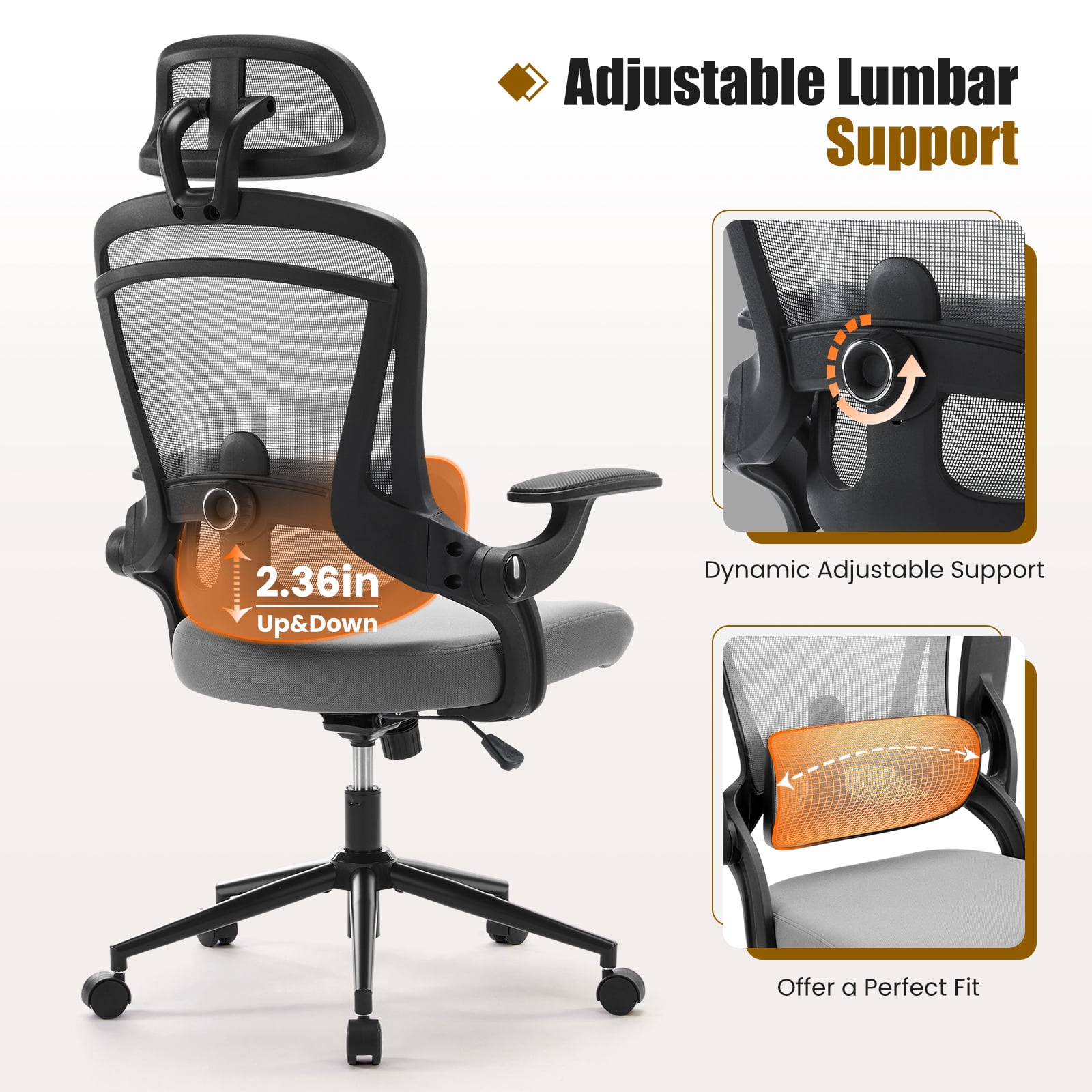 GIANNA Ergonomic Mesh Office Chair, High Back Desk Chair with Adjustable Lumbar Support, Headrest & Armrests, Swivel Task Chair, Grey