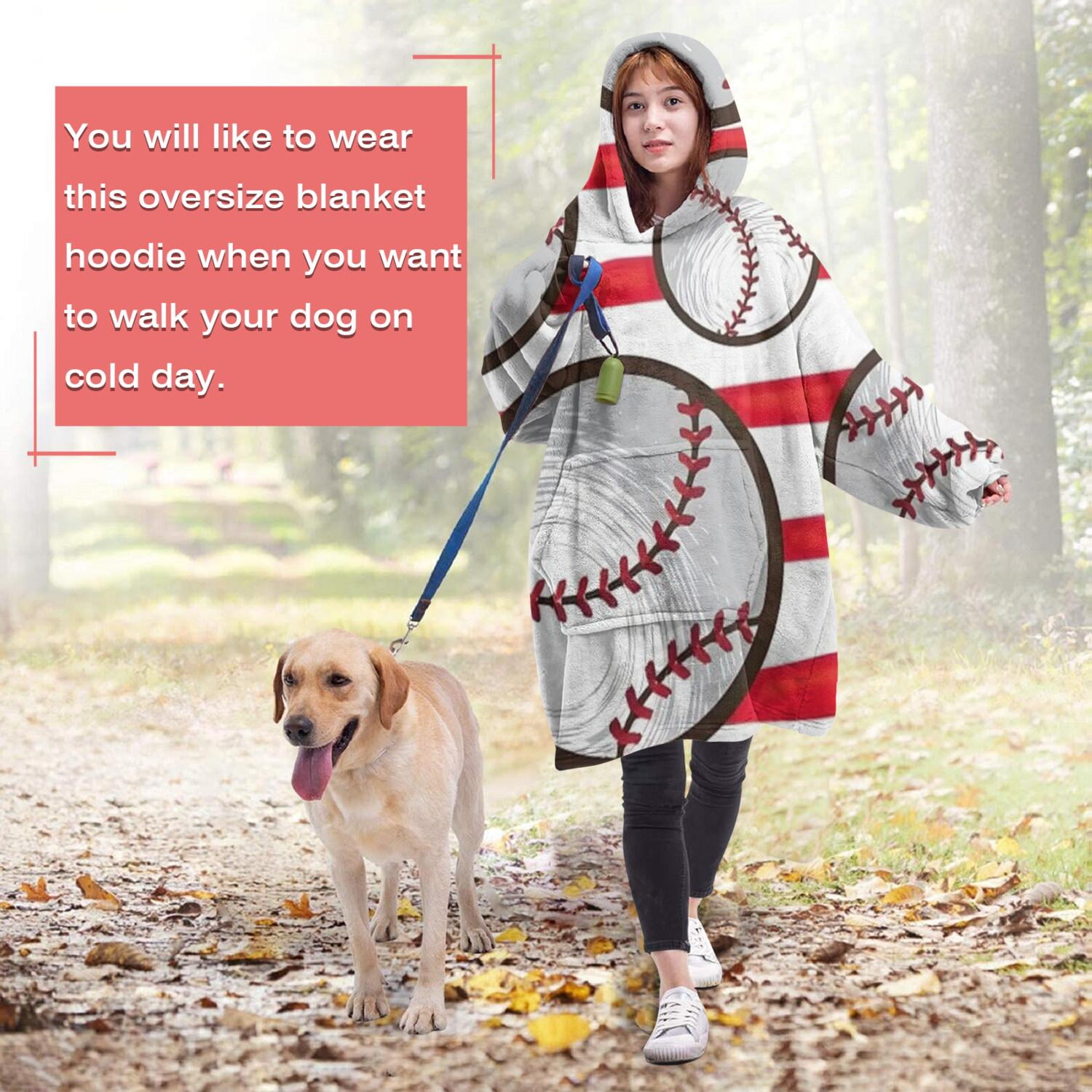 Red and White Striped Baseballs Pattern Wearable Oversized Blanket,Wearable Blanket Hoodie for Adults,Cozy Hooded Blankets with Super Pockets,Super Warm Fuzzy Pullover for Women & Men