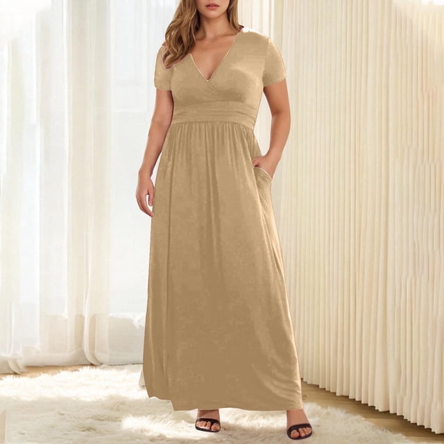 Liquidation d'Été 2025! Robe Grande Taille pour Femmes, Liquidation de Robe d'Été pour Femmes, Mode Robes Maxi à Manches Courtes Col en V Poches Solides Robe Confortable Grande Taille