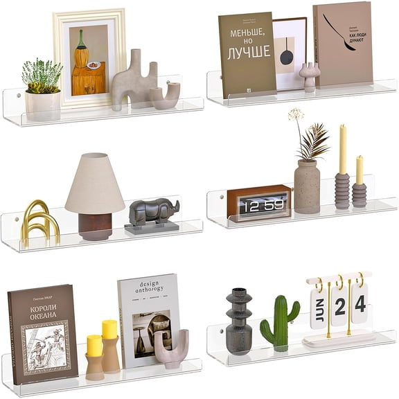 TT-6 Pack Floating Shelves for Wall, 15" Clear Book Shelf, Acrylic Floating Wall Shelf, Display Shelves Organizer for Bathroom, Classroom, Bedroom, Living Room, Kitchen, Room Decor