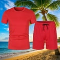 thumbnail image 2 of Jinhomg Mens Short Sets Casual Short Sleeve Crew-Neck Shirts with Shorts 2 Piece Plain Solid Outfits Comfort Spring Summer Loungewear Red XXXXL, 2 of 7