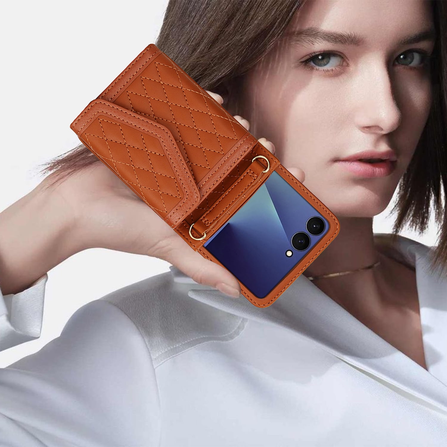 for Samsung Galaxy Z Flip 7 Elegant Case Wallet for Women, 4 Card Holder & Shoulder Strap & Wristlet Flip PU Leather Phone Case with RFID Blocking for Samsung Galaxy Z Flip 7, Brown