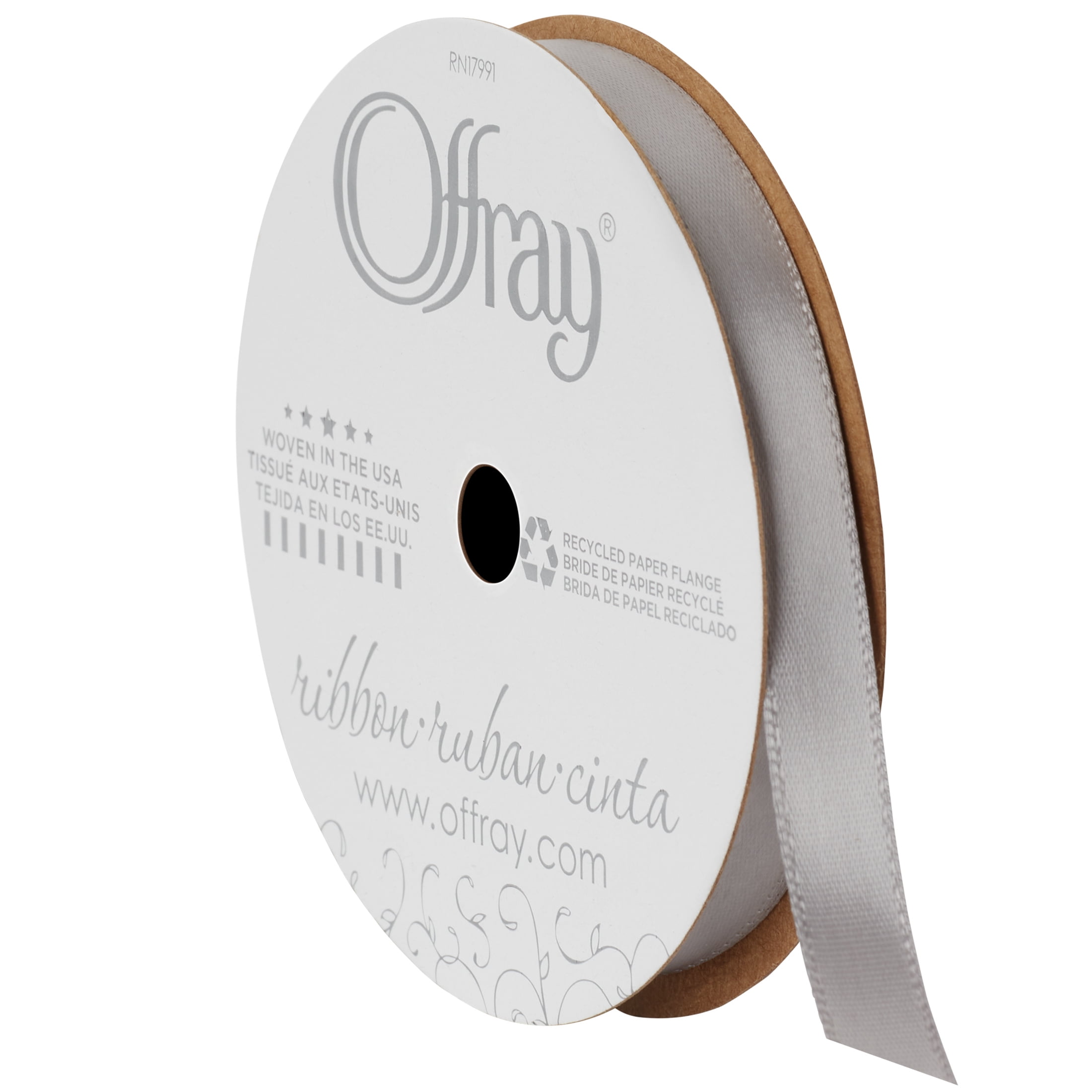 Offray Ribbon, Opal Gray 3/8 inch Single Face Satin Polyester Ribbon, 18 feet