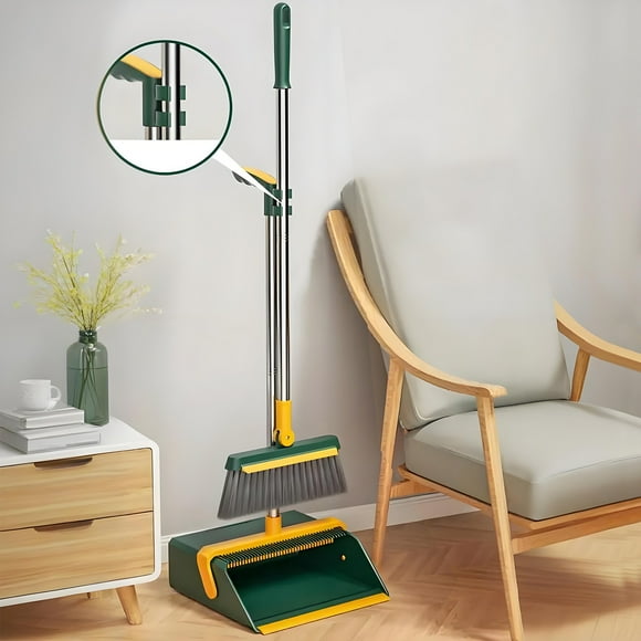 Fiudx Juego de Escobas, Recogedor Autolimpiable Ligero, Escoba de Mango Largo Ajustable, Limpieza Eficiente de Esquinas, Uso En Casa, Oficina, Rv, Almacenamiento Vertical Práctico
